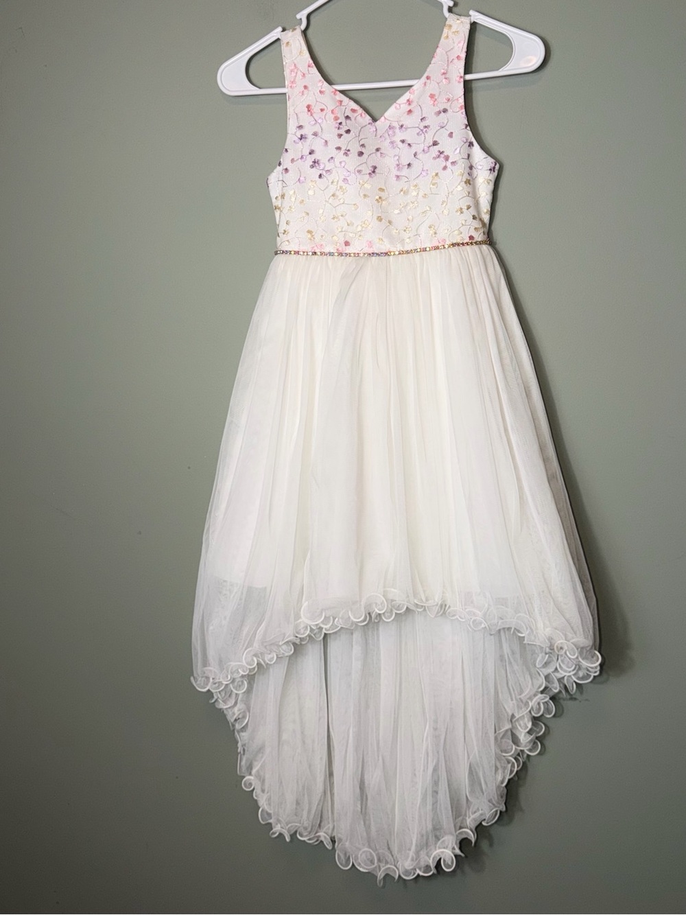 American Princess Girls Cream w/ colored Floral High-Low Tulle Dress size 7